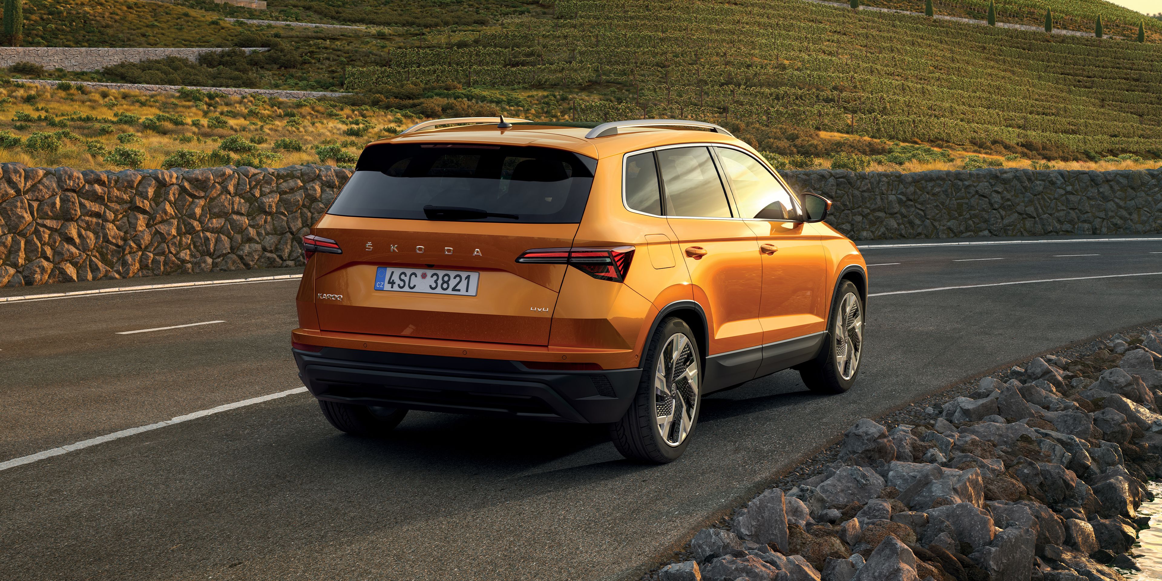Um Škoda Karoq Ambition cinzento visto de trás 