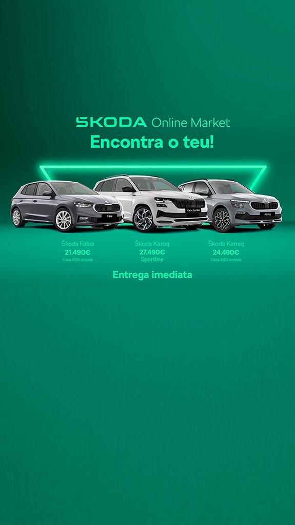 Škoda Online Market que apresenta os três modelos dos carros em campanha: Fabia, Karoq e Kamiq