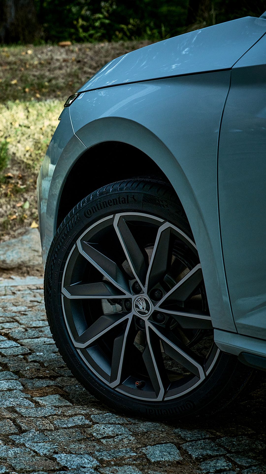 Fokusaufnahme von einem Škoda Komplettrad links vorne.