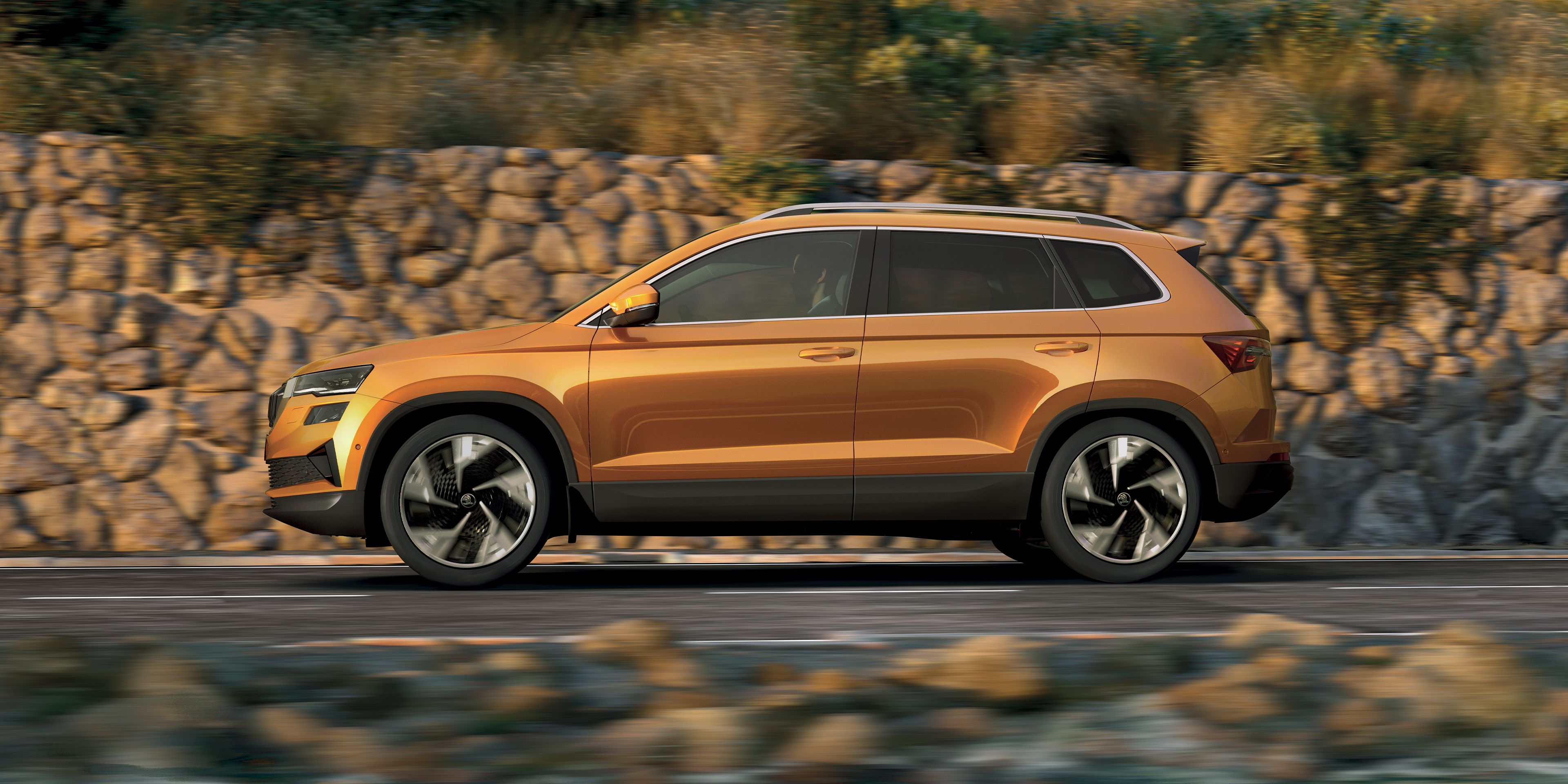 Perfil de um Škoda Karoq Ambition cinzento